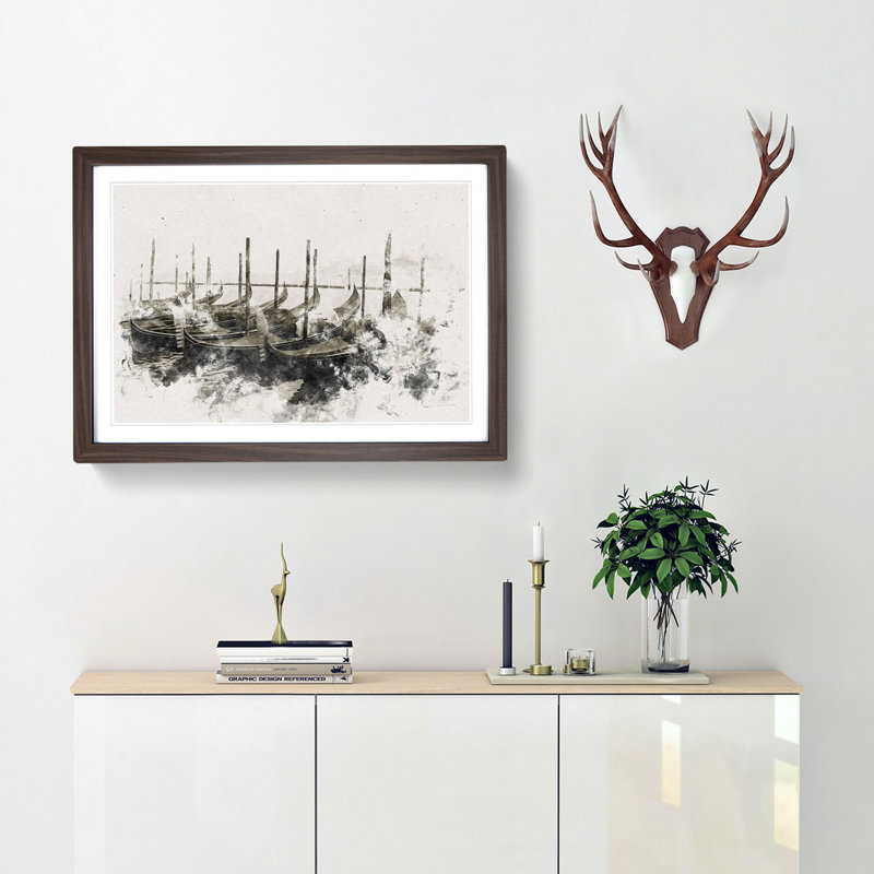 Docked Gondolas In Venice Italy - Picture Frame Painting, Walnut Framed, 62cm H x 87cm W x 2cm D