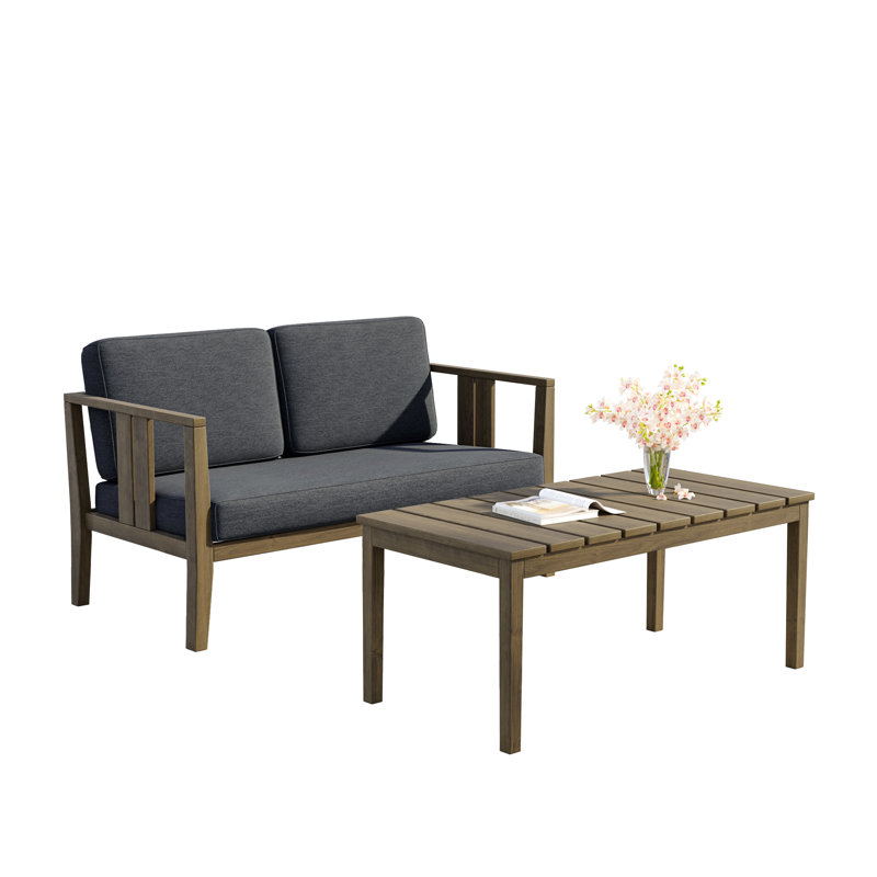 Ensemble de patio d'extérieur pour deux personnes en teck avec coussins et table basse Junco, Gris foncé, Brun