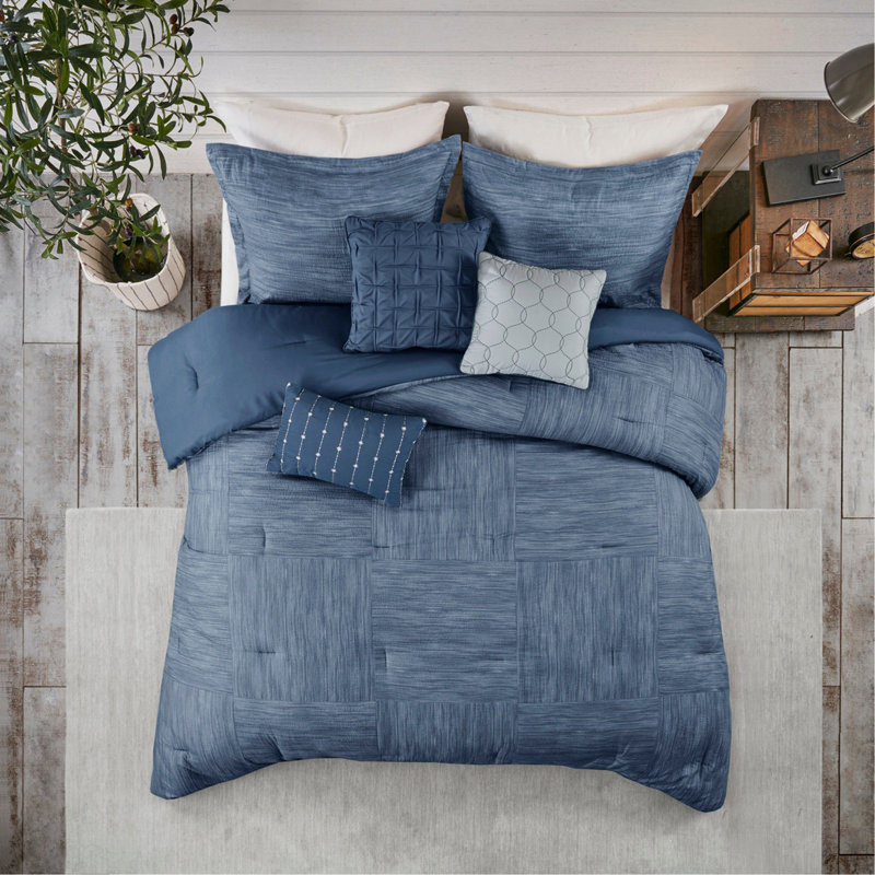 7 Piece Printed Seersucker Comforter Set Navy, Queen Comforter + 6 Additional Pieces, Navy