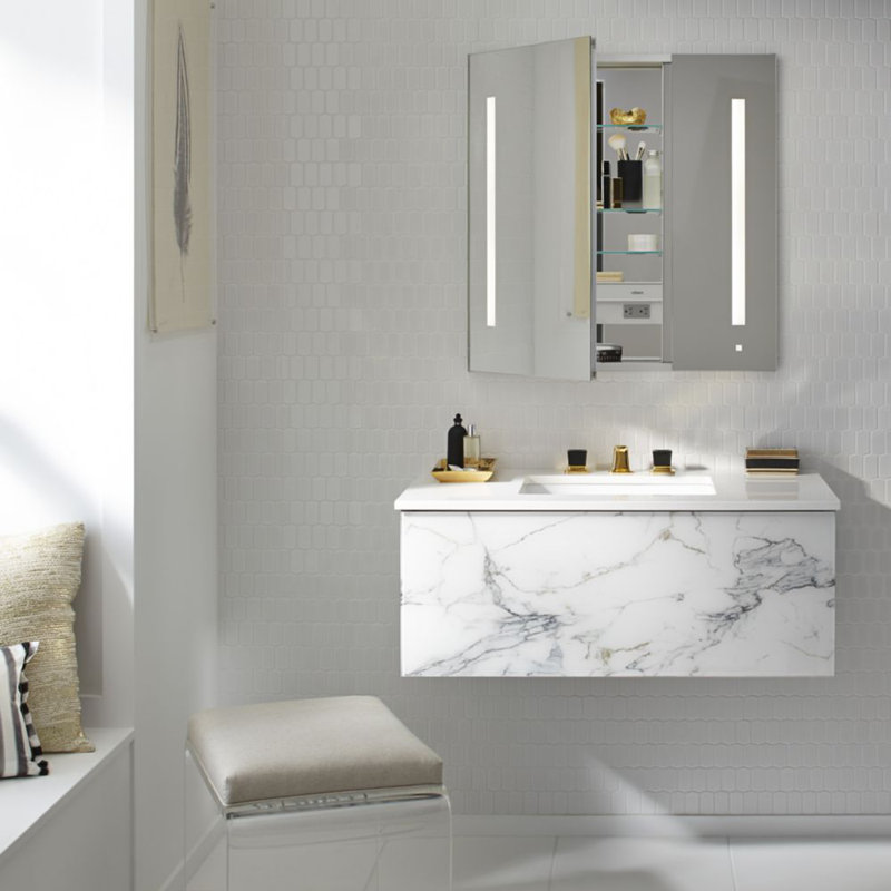 AiO Recessed Frameless Medicine Cabinet with 3 Adjustable Shelves and LED Lighting, 39.375" H x 29.25" W x 4" D, Warm White