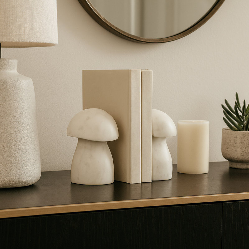 White Marble Mushroom Bookends, 6-Inch