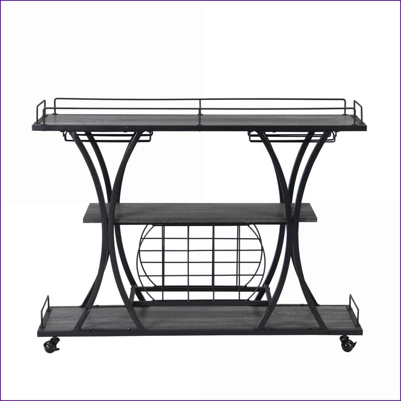 Chariot de bar industriel, chariot de service de cuisine à 3 niveaux avec roues, 11 bouteilles 16 supports à verres à vin | Fer | Noir + gris