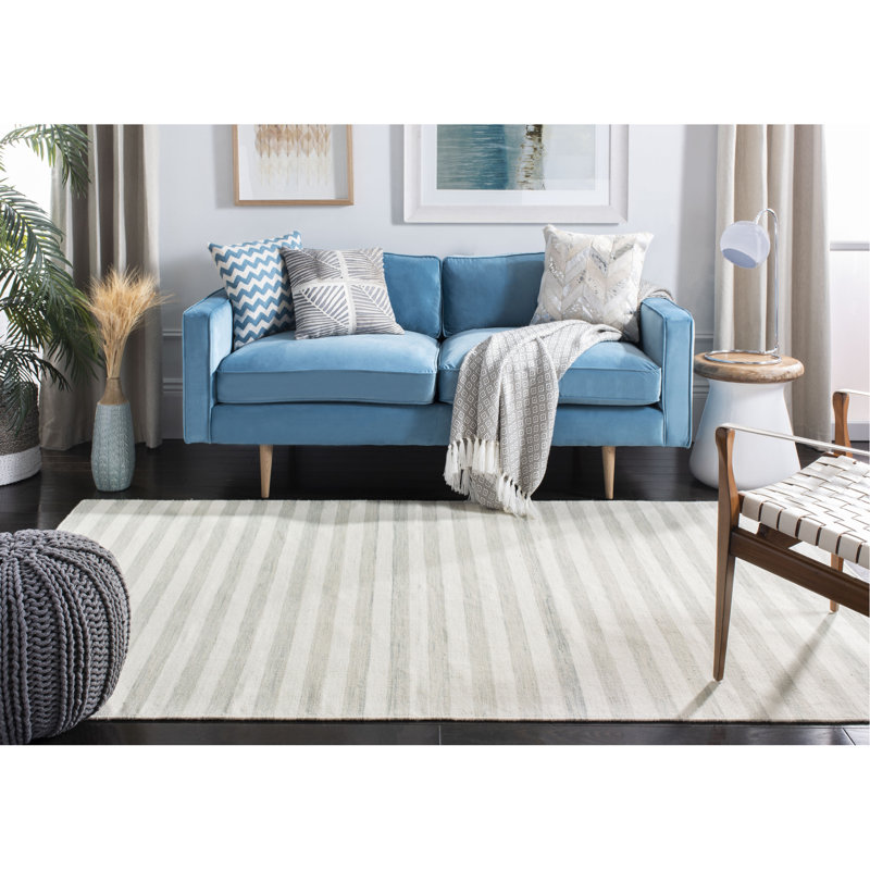 Waukena Hand Woven Flat Weave Wool/Cotton Striped Rug in Light Blue/Ivory, Rectangle 6' x 9'