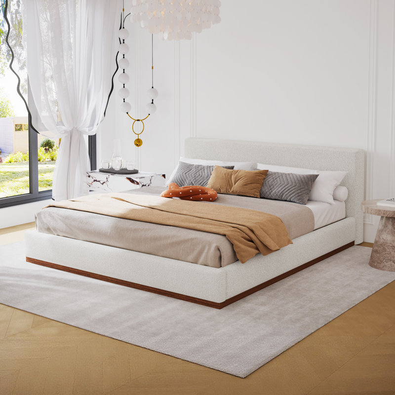 Lit plateforme tapissier Boucle avec base en bois massif grain de bois, lattes robustes et assemblage facile, Très grand