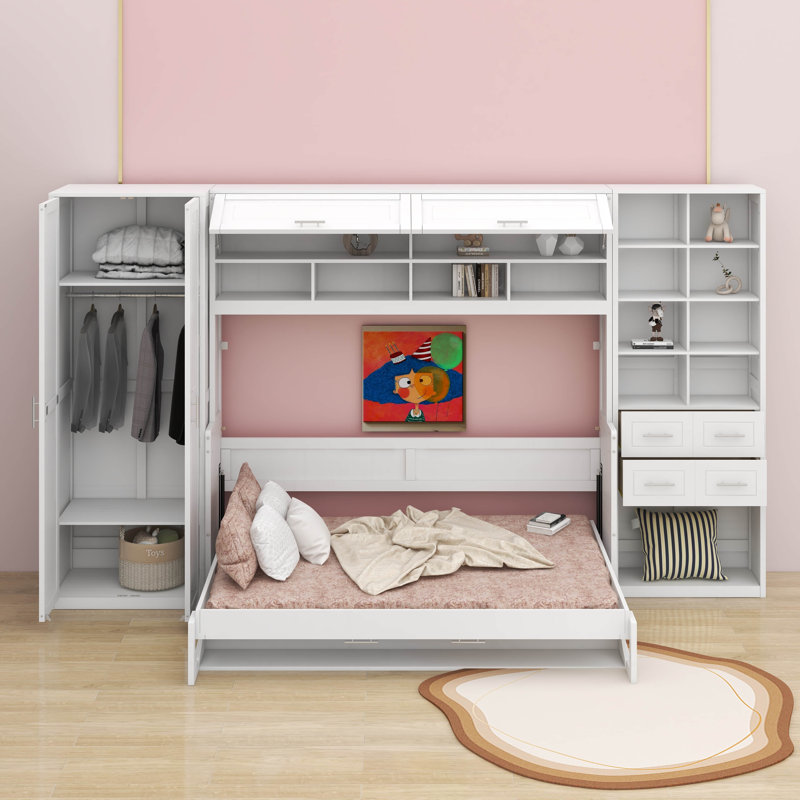 Lit escamotable double avec placard, tiroirs et tablettes