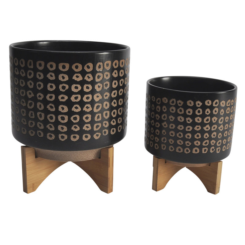 Pot de fleurs en grès et en bois sur pied - pot en céramique moderne avec base en bois surélevée, décoration élégante pour les espaces intérieurs, design durable et élégant pour la décoration intérieure contemporaine