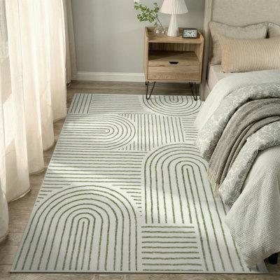 Celeta Washable Abstract Japandi Rainbow Striped Green Area Rug - Colorful Modern Carpet for Living Room, Bedroom, or Office Decor