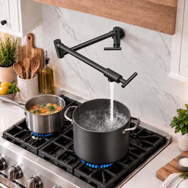 Robinet de robinet mural avec bras pivotant extensible, robinet de cuisine avec deux poignées et deux valves d'arrêt, conçu pour une installation au-dessus du poêle