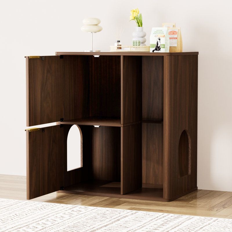 Enceinte de litière multifonctionnelle en noyer avec rangement en bois et design moderne