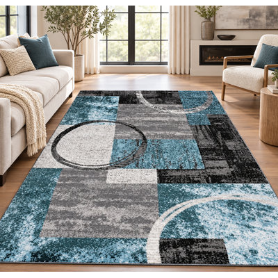 Tapis moderne performance gris, ivoire et bleu à motif abstrait Fanton
