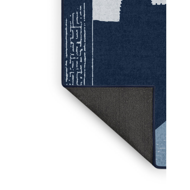 Soft Plush Fairborn Angkor Wat Cambodia Global Inspired Block Print Area Rug in Gray – Navy Binding, 2x3