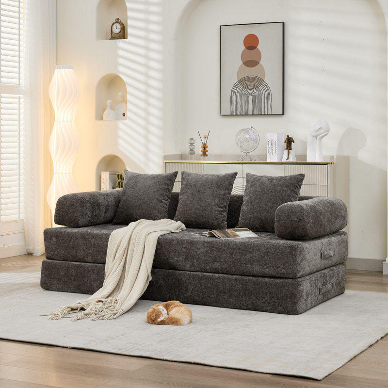 Modern Chenille Futon Sofa Bed With Pillows, Gray Chenille