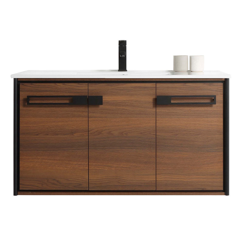 42'' Single Bathroom Vanity with Vitreous China Top, Matte Black, Walnut Ebony