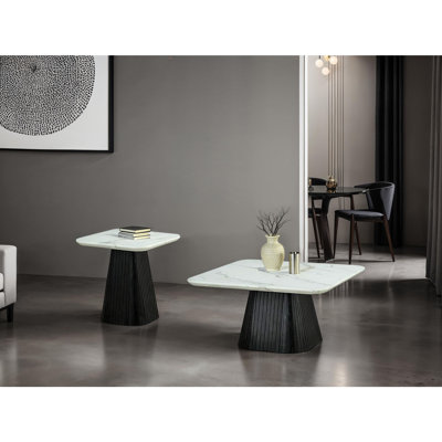 Ensemble de table 3 pièces de style contemporain 1 table basse carrée 2 x table de bout carrée avec rebords incurvés en marbre doux