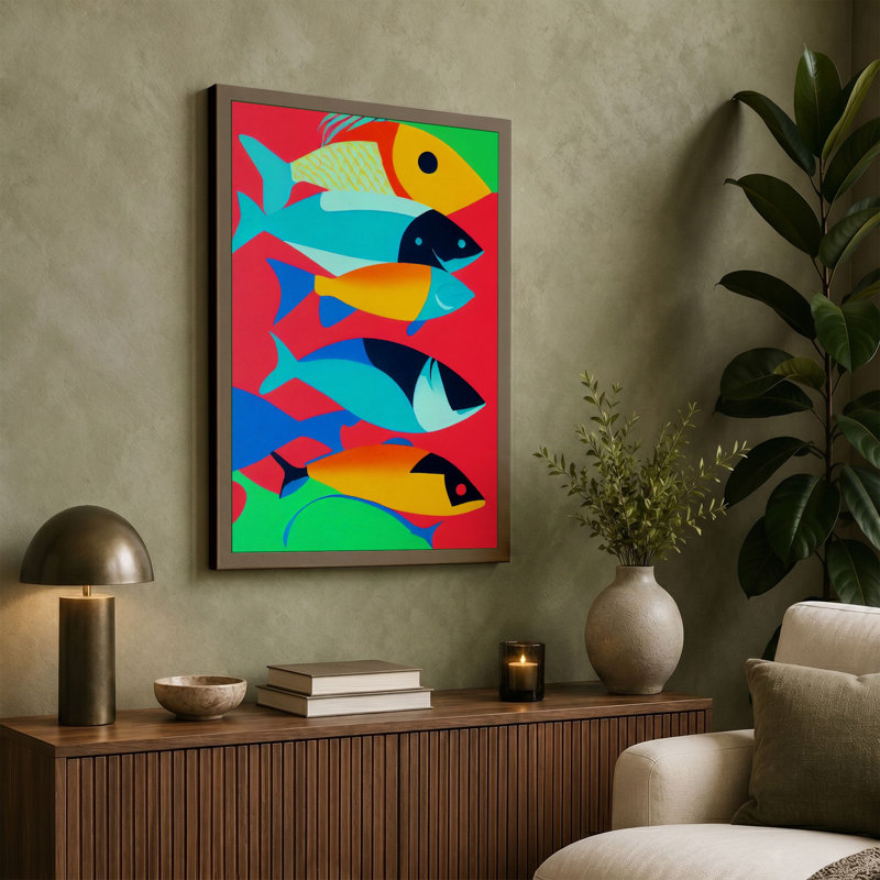 Stacked Fish Modern - Print, 30x20 - 76.2 x 50.8 cm, Teal Border