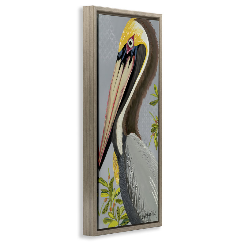 «Pelican on Grey», art mural encadré sur toile flottante par Jennifer Peck, Cadre flottant orme Montalcino, H 25 po x l 11 po