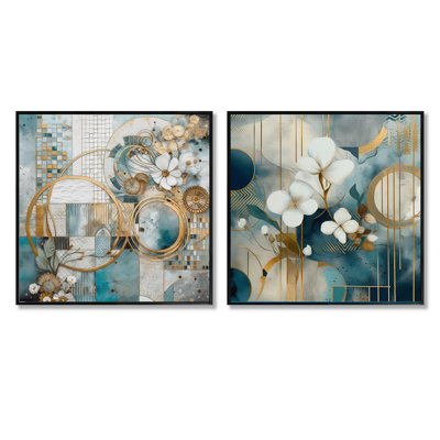 Golden Blue Mosaic Floral Design - Floral Square Collage Set Of 2