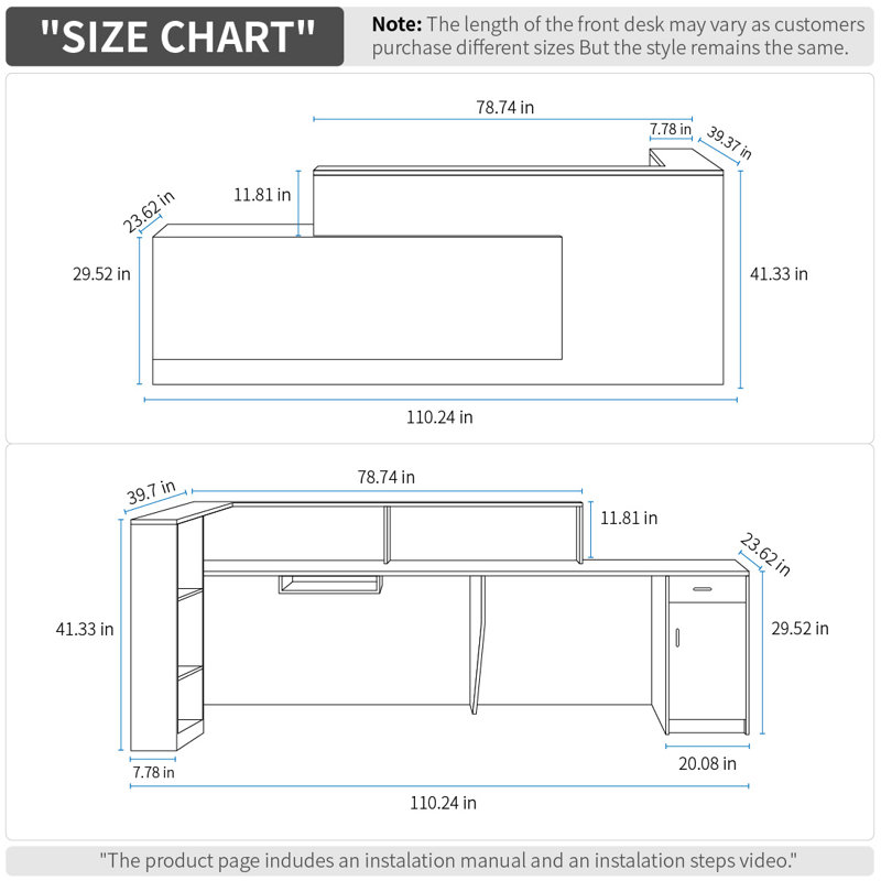 L-Shaped Reception Desk with Lockable Drawers, Computer Desk, and Storage Shelves/Front Desk, 41.33" H x 110.24" W x 39.37" D