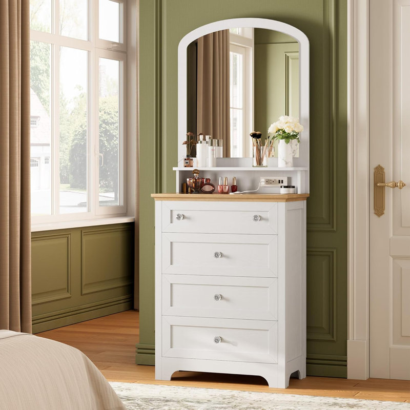 White 4-Drawer Dresser with Mirror & Crystal Knobs