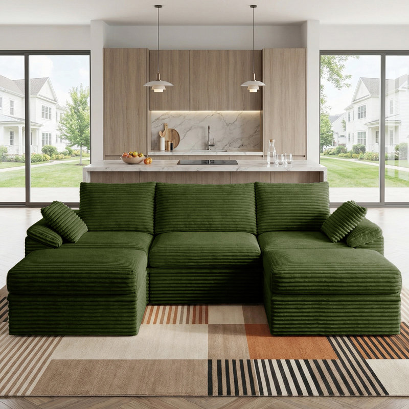 107" Cloud Modular Sectional Sofa, 5-Piece U Shaped Corner Couch with Hidden Storage and 2 Ottomans, Modern Minimalist Corduroy Upholstered Boneless Sofa for Living Room, Extra Deep Seat, Easy Assembly Required