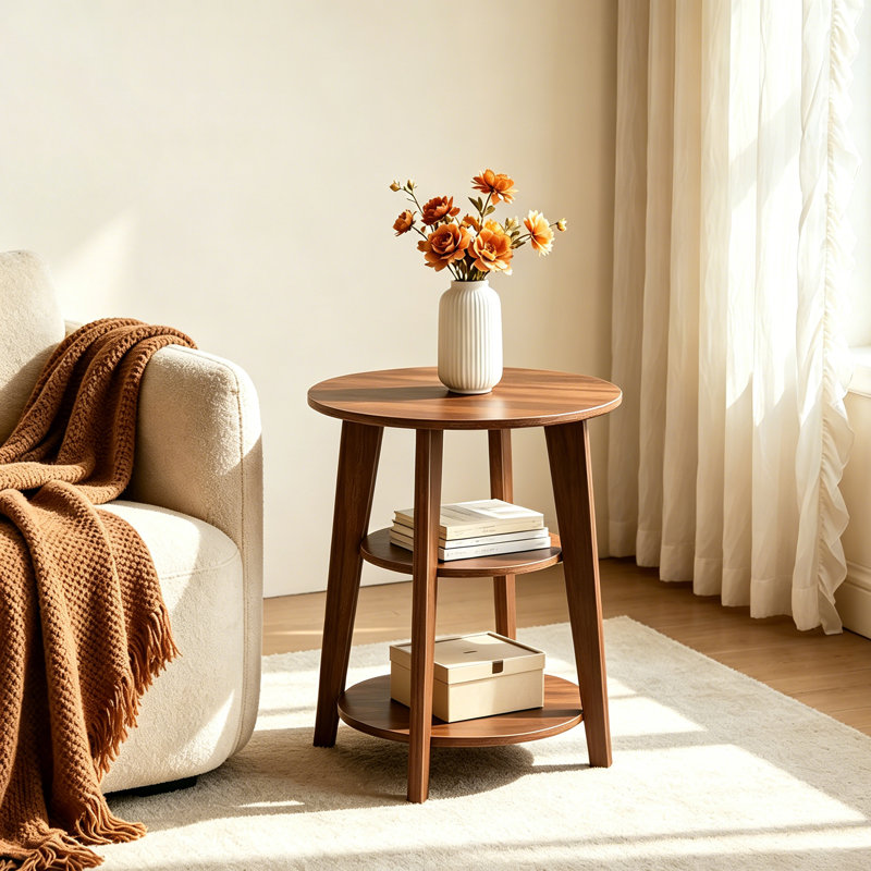 3-Tier Round End Table, Wood Accent Table with Storage Shelf, Small Side Table for Living Room ,Bedroom, Walnut