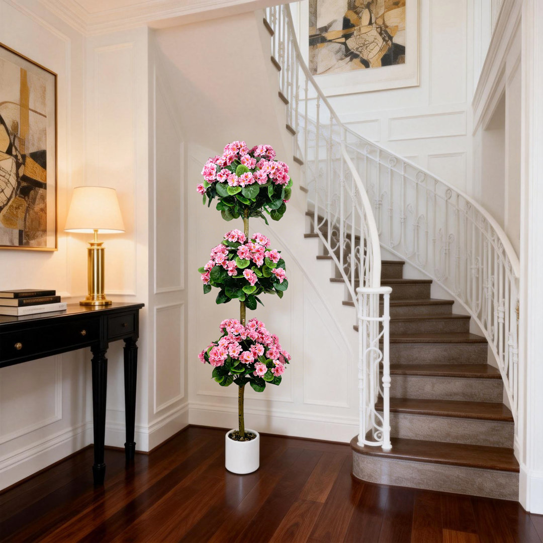 1.5m Tall Artificial Geranium Topiary Tree with 3 Balls in White Pot, Realistic Silk & Plastic for Indoor Outdoor Decor