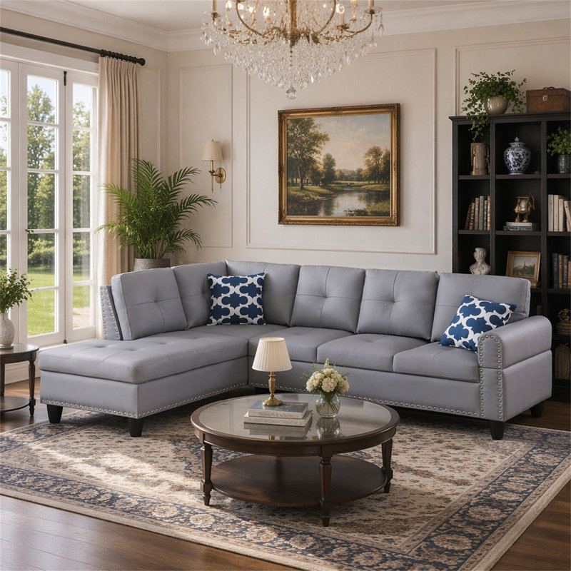 Faux Leather Sectional Sofa With Ottoman, Grey Faux Leather