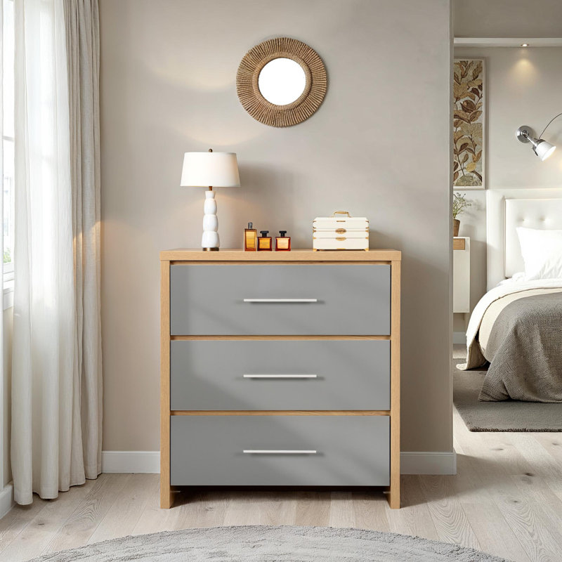 Louisa 3 Piece Bedroom Set, Light Oak Veneer/Grey High Gloss