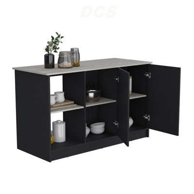 Juniper Kitchen Island With Large Top Surface, Double Door Cabinet, And Open Shelves Black / Ibiza Marble, Kitchen Island