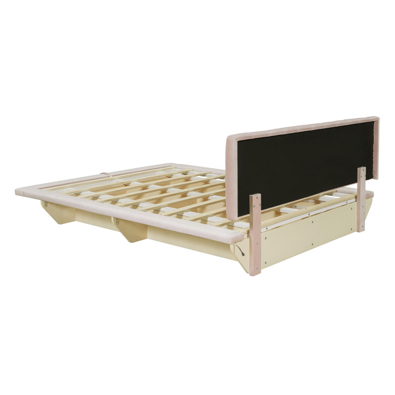 Lit plateforme tapissier grand avec lumière DEL et port USB, velours, rose, lit plateforme Hydrualic
