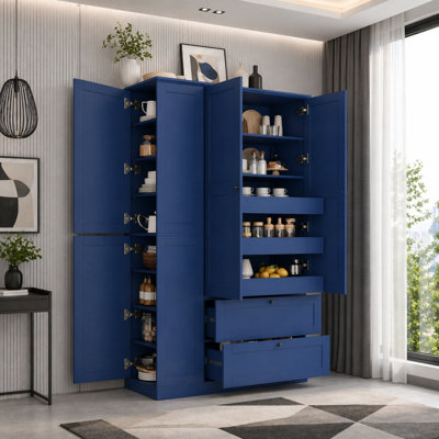 73.6" Farmhouse Kitchen Pantry Cabinet, Freestanding Storage Cupboard with Shelves, Drawers, Pull-Out Trays and Side Cabinets