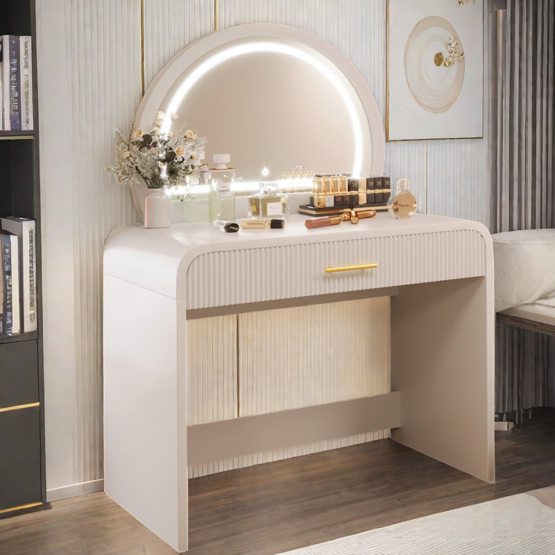 Lederman Makeup Vanity Table with Touch Screen Lighted Mirror, Dressing Table with A Drawer and Curved Edges