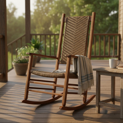 Canaan Hardwood Rocking Chair with Weather-Resistant Woven Wicker Back
