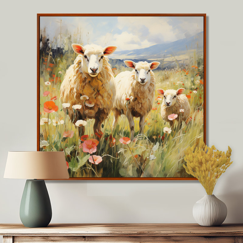Troupeau de moutons moelleux II - impression, H 16 po x l 16 po x P 1 po, Cadre flottant brun