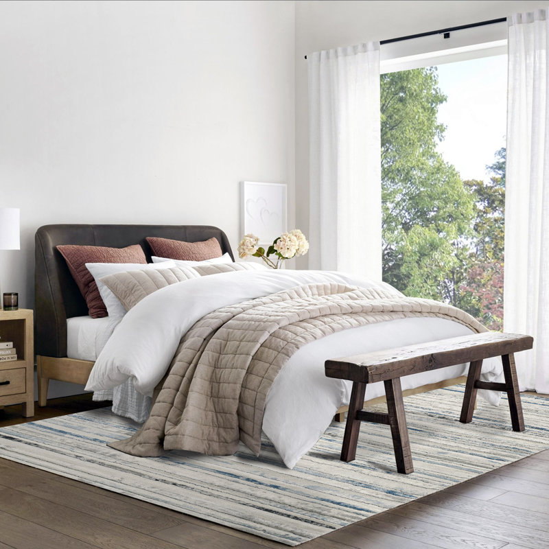 Modern Minimalist Striped Area Rug in Blue/Cream/Gray for Living Room, Hallway, Entryway Rugs, Rectangle 7'10" x 10'
