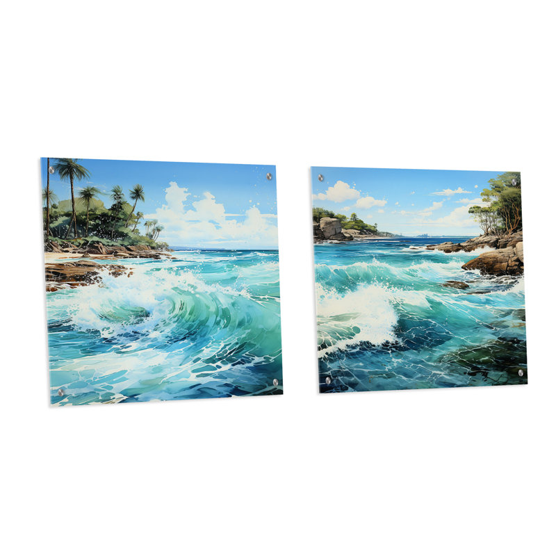 «Azure Seascape Palms Horizon» - ensemble de 2 verres muraux en acrylique, H 36 po x l 73 po