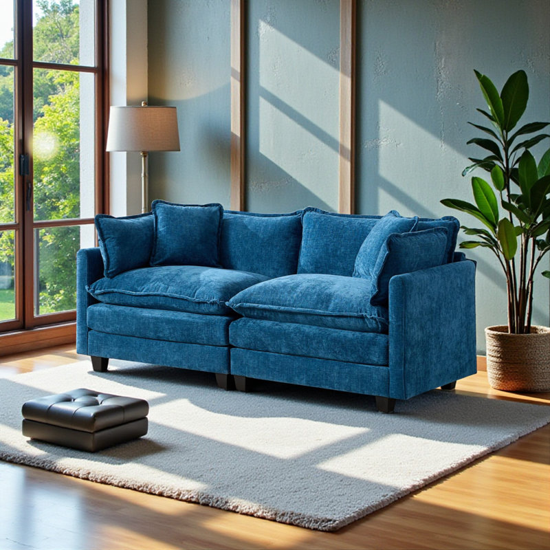 Causeuse rembourrée en chenille l 78 po Geneveve avec 4 coussins et coussins en mousse compressée, Bleu, 2
