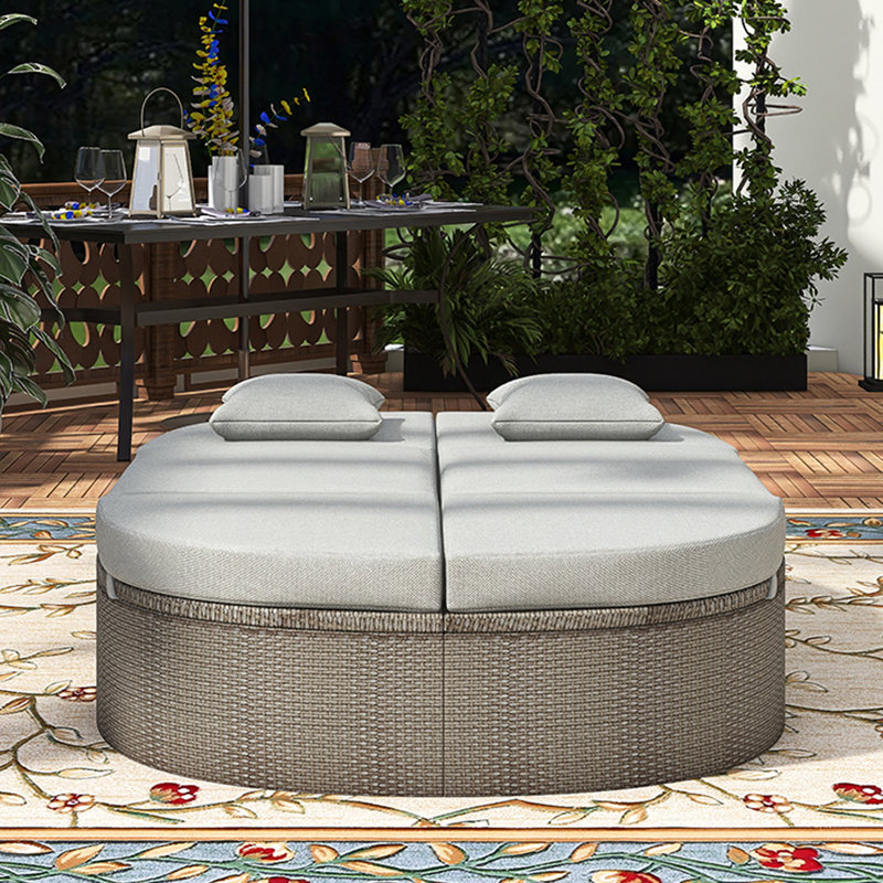 2-Person Outdoor Rattan Daybed With Adjustable Backrests, Gray Cushion/Tan Frame