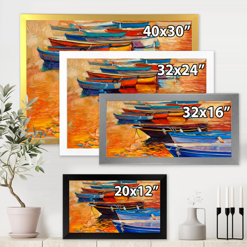 Boats In The Harbour During Warm Colour Sunset I - Painting on Canvas, Gold Picture Frame, 12" H x 20" W x 1" D