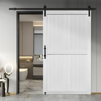 Ensemble de quincaillerie de porte de grange en panneau de fibres à densité moyenne avec porte coulissante recouverte d'une surface en PVC imperméable