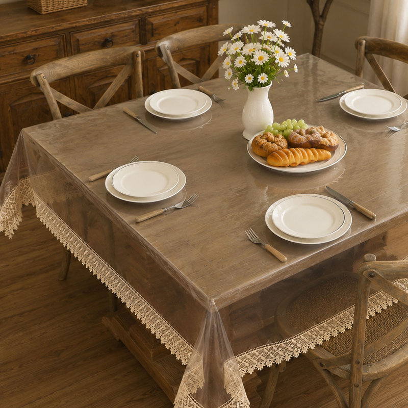 Protecteur de nappe en vinyle transparent, housse de table imperméable à bord en dentelle pour table de salle à manger