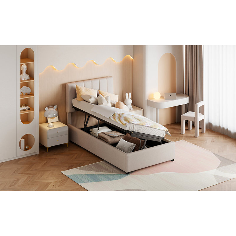 Lit de rangement hydraulique simple avec touche moderne rembourrée et structure beige