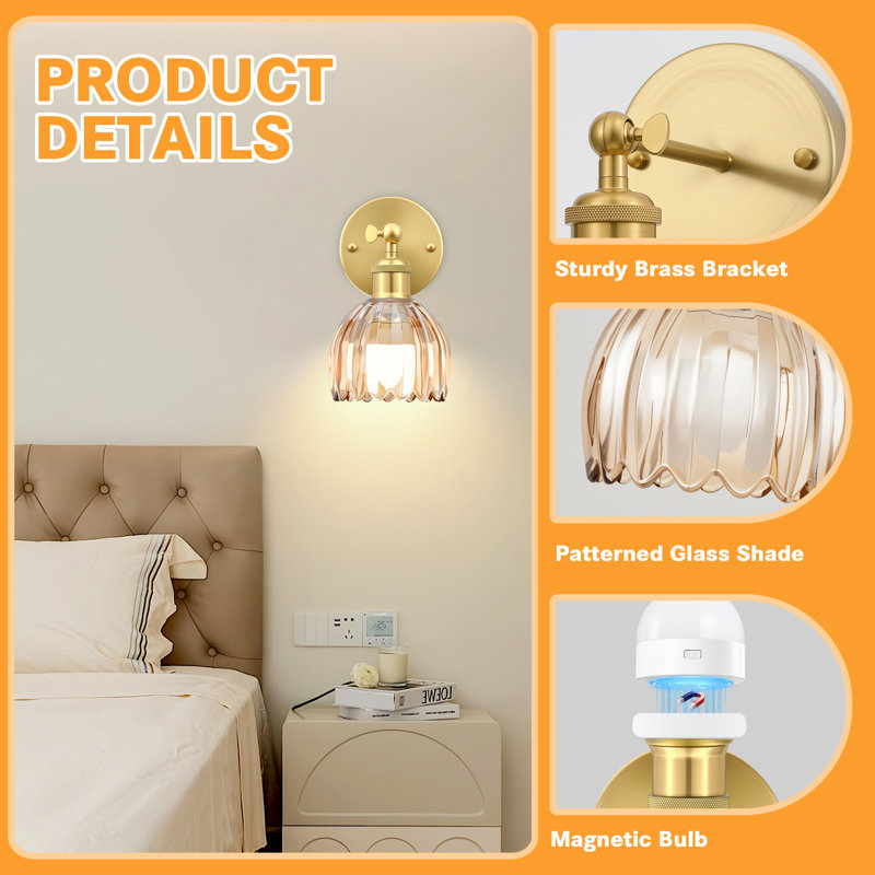 Rgb Rechargeable Wall Sconce With Amber Tulip Glass,Multifunctional Gold Wireless Wall Sconces((Set Of 2), Brushed Gold