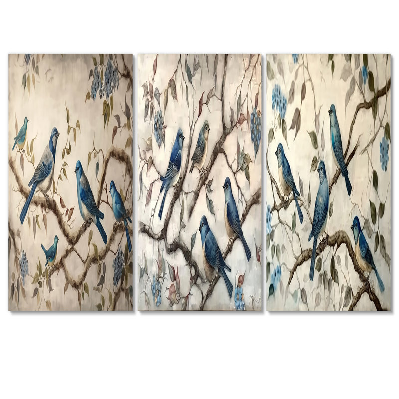 Quatre oiseaux bleus rétro sur une branche I - animaux, ensemble d'art de 3 pièces, H 28 po x l 36 po x P 1 po