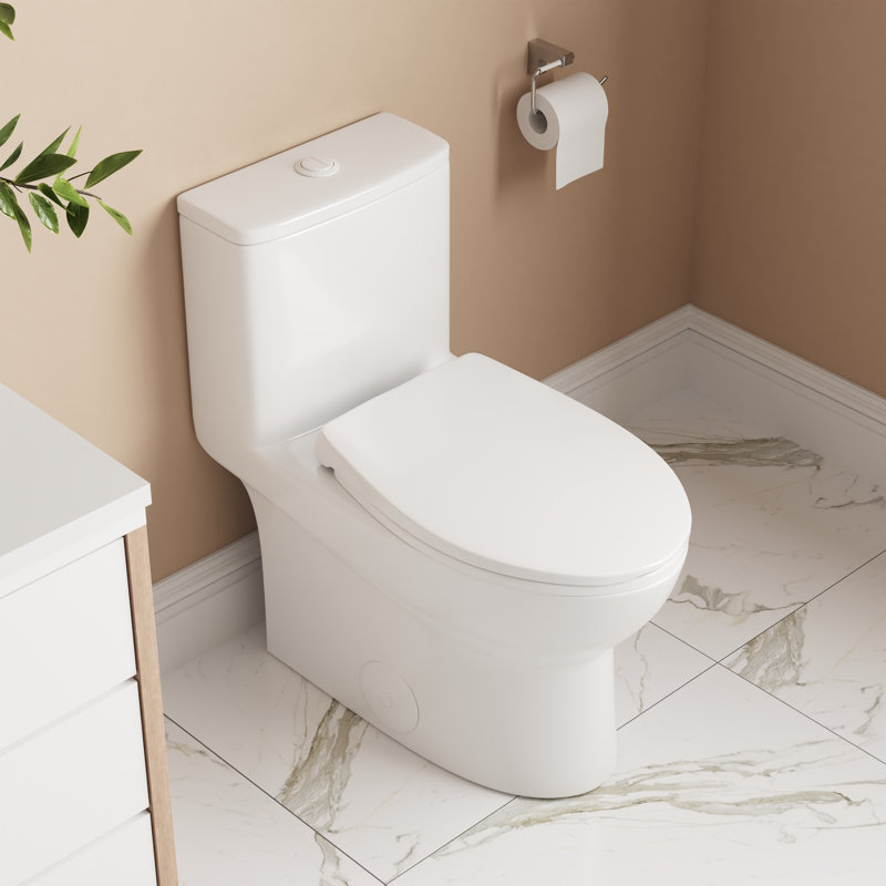 Toilette allongée une pièce à double chasse avec surface émaillée Ally, Blanc, 12"