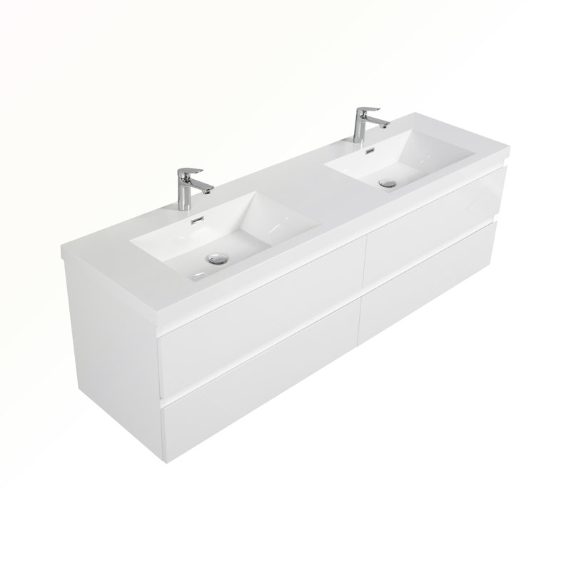Meuble-lavabo mural 72 po avec lavabo 72 po, meuble-lavabo mural moderne avec deux cuves en résine, Blanc