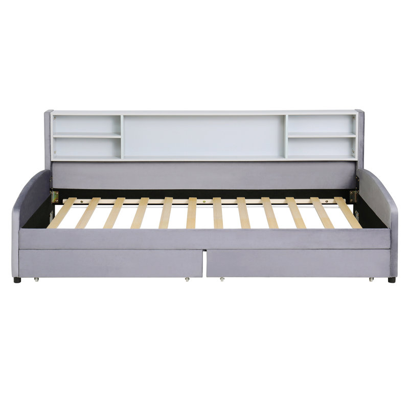 Upholstered Platform Bed with Storage and Drawers, Gray
