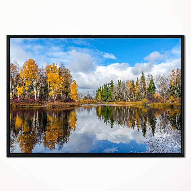 Nice Autumn Trees With Forest Lake - Print on Canvas, 12" H x 20" W x 1" D, Black Framed