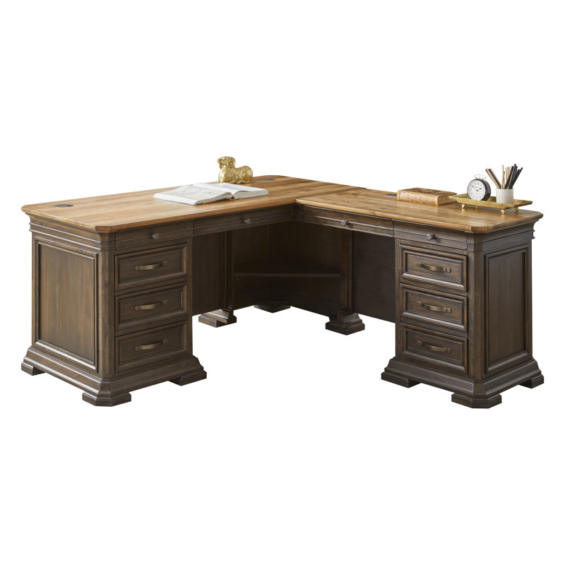 Brown Transitional L-Shaped Executive Desk with Power Outlet and USB Port
