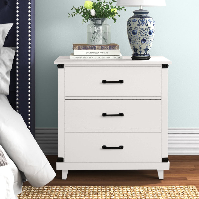 Table de chevet 3 tiroirs Geren, Blanc